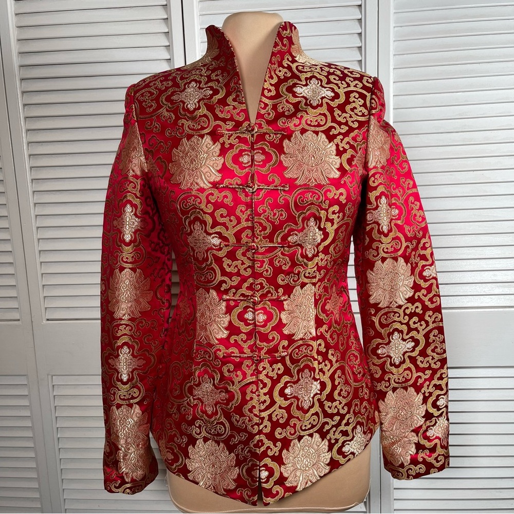 Red Gold Brocade Chinese Qipao Jacket Frog‎ Clasp Top Lunar New Year L